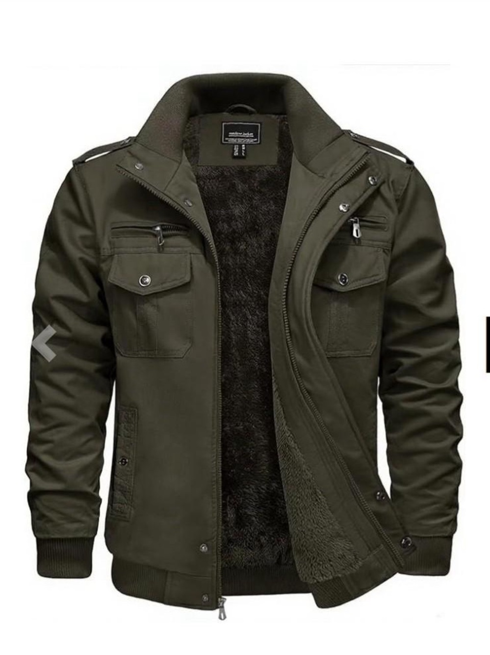 Men's Olive Green Military-Style Sherpa Lined Jacket